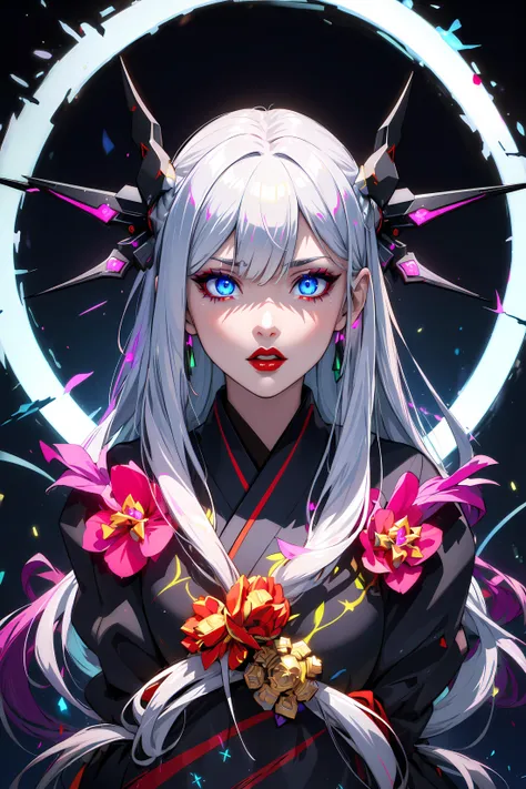 (((masterpiece))), (((best quality))),((ultra-detailed)), 1girl, silver straight hair, glowing hair, glowing eyes, multicolored neon, perfect detailed eyes, e-girl, black eyeliners, red lips, black kimono, sharp focus, hdr, hyperdetailed, anime style, beautiful, textural, ray tracing, absurdres, dark background
