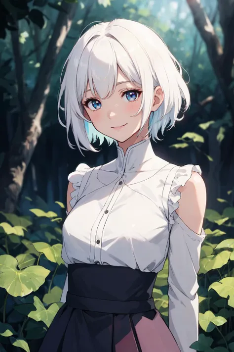 (masterpiece, best quality, glowing light, ultra detailed, detailed background, complex background, soft warm color, still, bright, vivid, dreamy, evocative, light and shadow, anime style, vibrant, ray tracing, absurdres), hayao miyazaki style, field, nature, 1girl, aged_up, solo, mature female, dress, arms behind back, smile, upper-body, shaggy hair, white hair, short hair