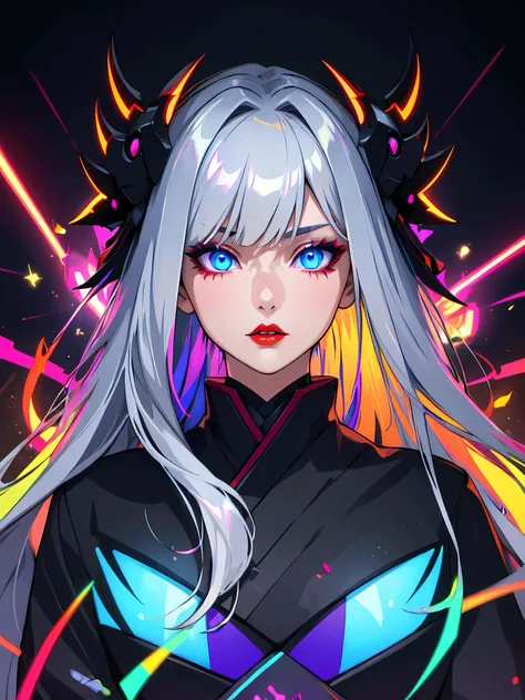 (((masterpiece))), (((best quality))),((ultra-detailed)), 1girl, silver straight hair, glowing hair, glowing eyes, multicolored neon, perfect detailed eyes, e-girl, black eyeliners, red lips, black kimono, sharp focus, hdr, hyperdetailed, anime style, beautiful, textural, ray tracing, absurdres, dark background