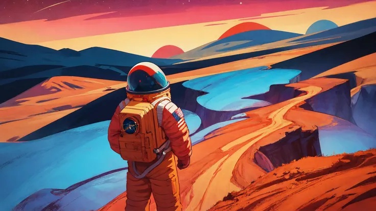 astronaut, red planet with a red planet in the background, featured on behance, space art, style dan mumford artwork, in the art style of dan mumford, sci fi illustration, (art by darwyn cooke)
