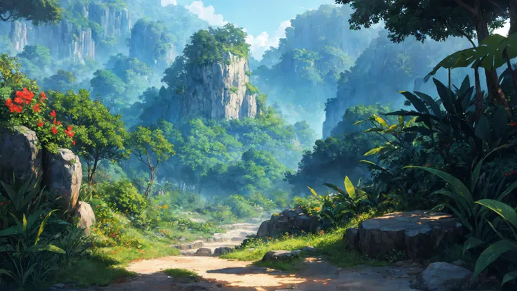 anime style, beautiful, textural, ray tracing, absurdres, offical art, illustration, (((masterpiece))),(((best quality))),((ultra-detailed)), hayao miyazaki style, nature, jungle, scenery