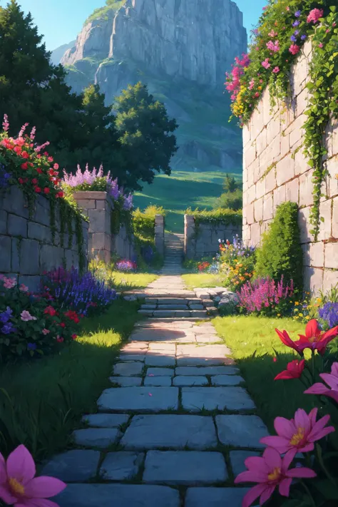 (masterpiece, best quality, glowing light, ultra detailed), grass, scenery, flower, anime footage