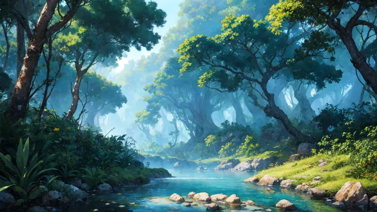 anime style, beautiful, textural, ray tracing, absurdres, offical art, illustration, (((masterpiece))),(((best quality))),((ultra-detailed)), hayao miyazaki style, nature, jungle, scenery