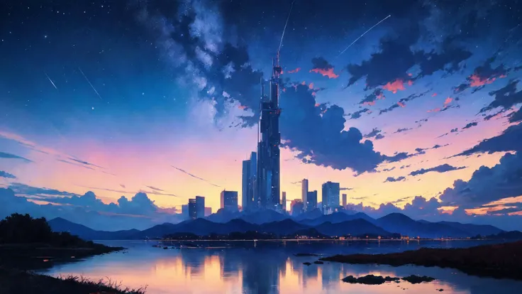 anime style, ((masterpiece, best quality, ultra-detailed)), hayao miyazaki style, stars, night, scenery, nature