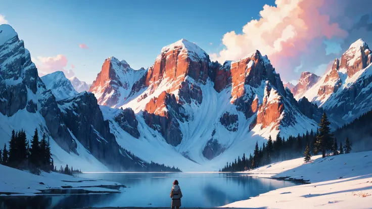 soft and warm color, still,bright,vivid,dreamy,evocative use of light and shadow, incredible beauty,anime style,vibrant,studio anime,beautiful,textural, ray tracing, absurdres, offical art, illustration, (((masterpiece, best quality, ultra-detailed))), blue sky, snow mountain, lake,