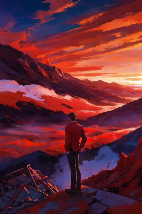 man in foreground, city ruins in midground , mountains in background ,sunset, red clouds, surreal contrasting colors , best quality, <lora:OilPaint:0.7>