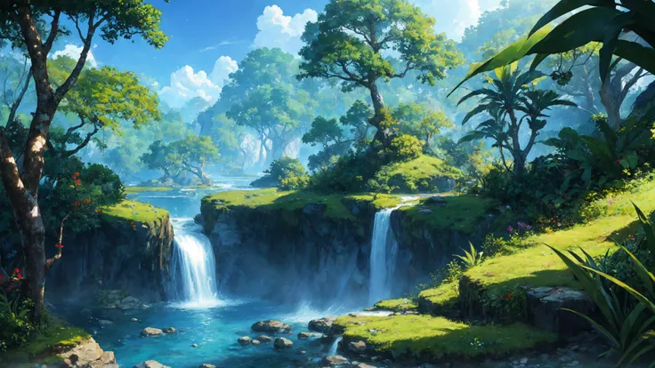 anime style, beautiful, textural, ray tracing, absurdres, offical art, illustration, (((masterpiece))),(((best quality))),((ultra-detailed)), hayao miyazaki style, nature, jungle, scenery