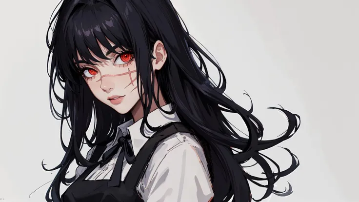 (masterpiece:1.2, best quality:1.2, beautiful, high quality, highres:1.1), detailed, extremely detailed, 4K, sketch by NTY, 1girl, female, solo, (monochrome), looking at viewer, simple background, ((upper-body)),yoru,long hair, black hair, red eyes, scar on face, ringed eyes, (pinafore dress, black belt, black ribbon), <lora:csm_yoru:0.8>, solo, white background, simple background,