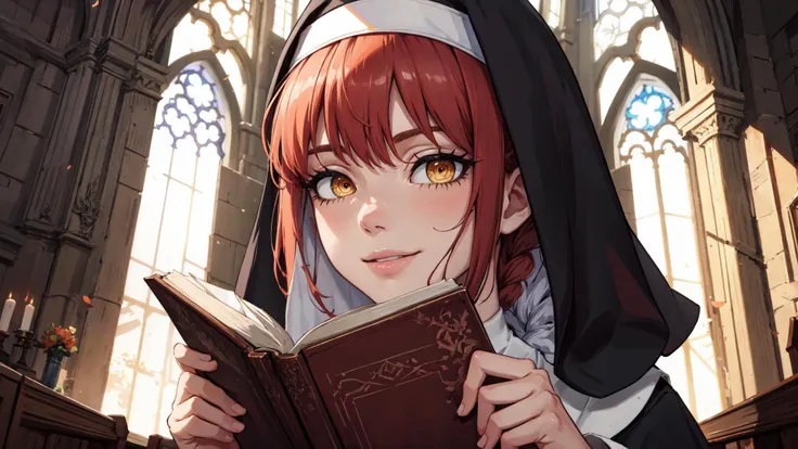 (masterpiece:1.2, best quality:1.2, beautiful, high quality, highres:1.1), (attentive:1.2), detailed, extremely detailed, 4K,  1girl, aged_up, mature female, large breasts, smile, dressed like a nun reading a book while in a church, ancient cathedral, sun rays break through the windows,  <lora:makima:1> ,makima, braid, braided ponytail, detailed eyes, detailed face, (ringed eyes), looks at the viewer