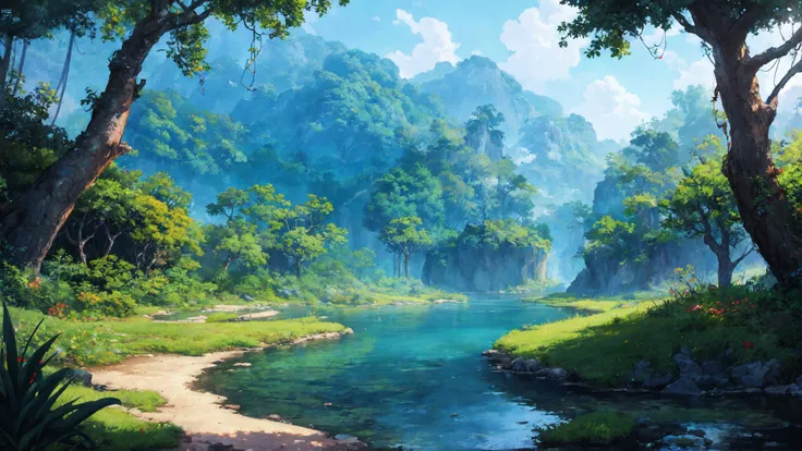 anime style, beautiful, textural, ray tracing, absurdres, offical art, illustration, (((masterpiece))),(((best quality))),((ultra-detailed)), hayao miyazaki style, nature, jungle, scenery