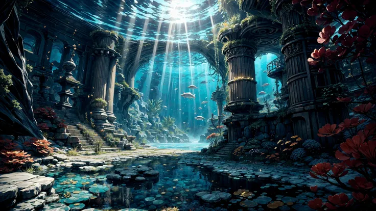 (beautiful underwater landscape), (very detailed),  (water ripples) reflections, bubbles, greek columns temple,  Ash Gray fishes,  dophins, mermaid kingdom, coral forest, (gold coins, trident, amphora):1.2,  (underwater atlantis city buldings),(underwater greek castle palace):1.2,  stunning nature underwater aquatic environment ,illuminated cavern, coral reefs, (bright sunny sky), sharp focus, (high contrast), cinematic (lights), shadows, lens flare, vibrant colors, colorful, [Carolina Blue flowers], leaves, beautiful, <lora:Detail Tweaker LoRA add_detail:1><lora:depth_of_field_slider_v1:5>  <lora:SDXLrender_v2.0:0.8>  <lora:水底特化改:0.3>