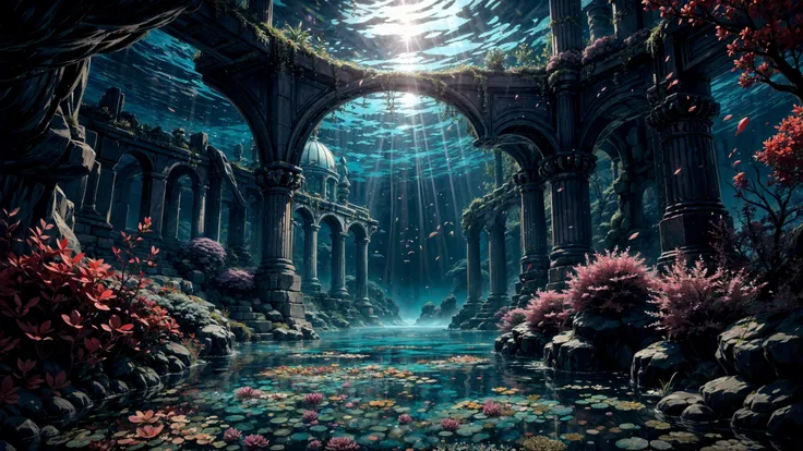 (beautiful underwater landscape), (very detailed),  (water ripples) reflections, bubbles, greek columns temple,  Plum Purple fishes,  dophins, mermaid kingdom, coral forest, (gold coins, trident, amphora):1.2,  (underwater atlantis city buldings),(underwater greek castle palace):1.2,  stunning nature underwater aquatic environment ,illuminated cavern, coral reefs, (bright sunny sky), sharp focus, (high contrast), cinematic (lights), shadows, lens flare, vibrant colors, colorful, [Dark Red flowers], leaves, beautiful, <lora:Detail Tweaker LoRA add_detail:1><lora:depth_of_field_slider_v1:5>  <lora:SDXLrender_v2.0:0.8>  <lora:水底特化改:0.3>