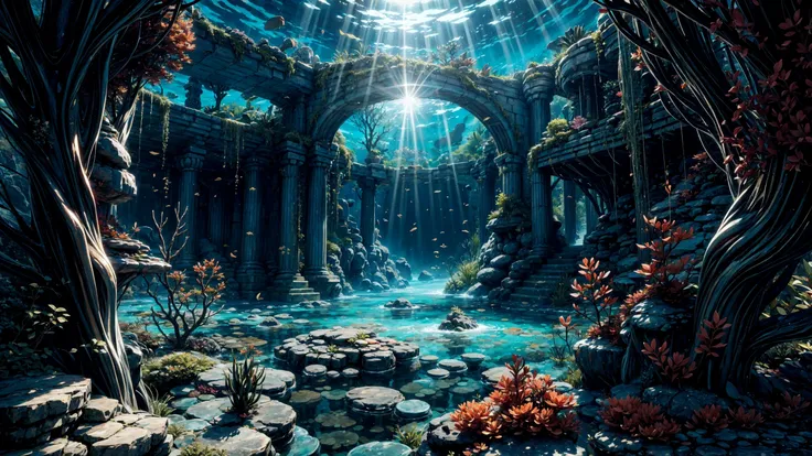 (beautiful underwater landscape), (very detailed),  (water ripples) reflections, bubbles, greek columns temple,  Denim Blue fishes,  dophins, mermaid kingdom, coral forest, (gold coins, trident, amphora):1.2,  (underwater atlantis city buldings),(underwater greek castle palace):1.2,  stunning nature underwater aquatic environment ,illuminated cavern, coral reefs, (bright sunny sky), sharp focus, (high contrast), cinematic (lights), shadows, lens flare, vibrant colors, colorful, [Sky Blue flowers], leaves, beautiful, <lora:Detail Tweaker LoRA add_detail:1><lora:depth_of_field_slider_v1:5>  <lora:SDXLrender_v2.0:0.8>  <lora:水底特化改:0.3>