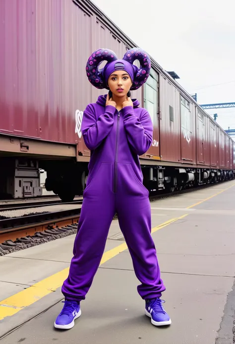 (medium full shot) of (attractive young woman:1.1), arabian with black doughnut hair bun, green eyes, tan skin, curvy, wearing Purple octopus jumpsuit with tentacles, octopus head hood, purple leggings, purple sneakers, surprised, open mouth, pointing her finger at the viewer, .set in Industrial District, Gritty urban landscape with warehouses looming on either side, trucks loading and unloading goods, workers in hard hats bustling about, the clang of machinery echoing through the alleys graffiti-covered train cars passing by . ,Masterpiece,best quality, photorealistic, amazing quality, very aesthetic, extremely detailed face,