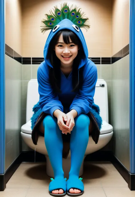 (medium full shot) of (bonnie young woman:1.1), japanese with black hair styled in twin-tails, dark brown eyes, pale skin, petite, wearing Blue peacock costume with tail feathers, peacock head hood, blue leggings, blue slippers, laughing, squatting, .set in public Toilet, Hygienic, germ-resistant surfaces, touchless flushing toilets, automatic soap dispensers, sensor-operated faucets, disposable seat covers , at night. ,Masterpiece,best quality, photorealistic, amazing quality, very aesthetic, extremely detailed face,