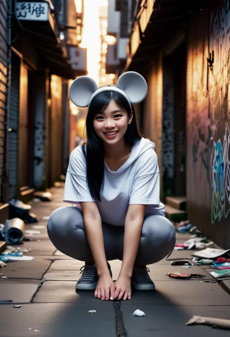 (medium full shot) of (sexy young woman:1.1), chinese with straight black hair, dark eyes, fair skin, petite, wearing Gray mouse costume, mouse ear headband, mouse tail, gray leggings, gray slippers, laughing, squatting, .set in Alleyway, Narrow passage between buildings, dimly lit by flickering neon signs, garbage bins overflowing, graffiti covering the walls, stray cats prowling the scent of decay lingering in the air , at sunset. ,Masterpiece,best quality, photorealistic, amazing quality, very aesthetic, extremely detailed face,