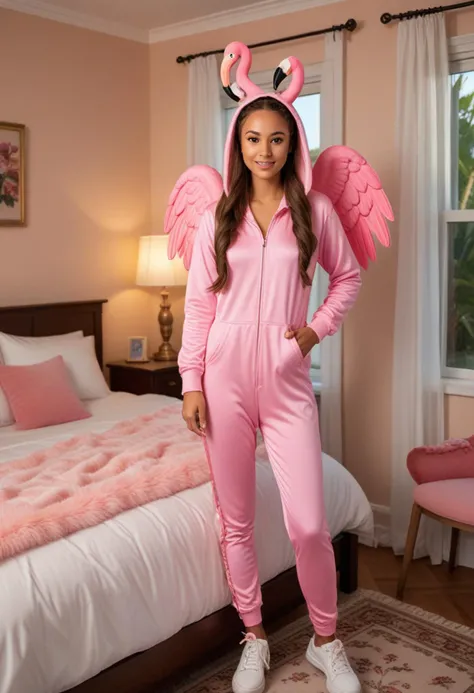 (medium full shot) of (lovely young woman), spanish, dark brown eyes, tan skin, tan skin, brown eyes, slim build, extra long brown single braid hair, wearing Pink flamingo jumpsuit with wings, flamingo head hood, pink leggings, pink sneakers, set in Bedroom, Serene retreat with a queen-sized bed adorned with fluffy pillows, a bedside table with a lamp, a dresser with a mirror, a cozy reading nook with a comfortable armchair a window overlooking the garden , at sunset, smiling at the viewer, Masterpiece,best quality, photorealistic, amazing quality, very aesthetic, extremely detailed face,