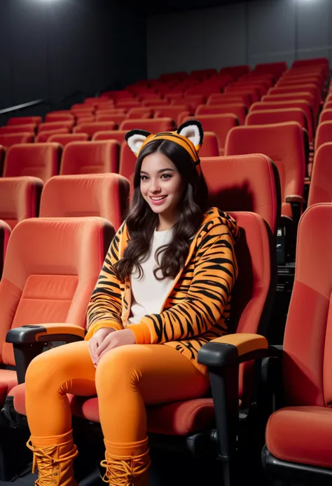 (medium full shot) of (supermodel young woman:1.1), spanish with wavy black hair, dark brown eyes, tan skin, slender, wearing Orange tiger costume, tiger ear headband, tiger paw mittens, orange leggings, orange boots, laughing, squatting, .set in theater Auditorium, Large room with rows of plush, cushioned seats, aisle lights guiding the way, a massive screen at the front, surround sound speakers the soft rustle of audience members settling in , at night. ,Masterpiece,best quality, photorealistic, amazing quality, very aesthetic, extremely detailed face,