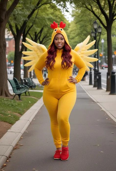 (medium full shot) of (angelic young woman), black american, dark eyes, dark skin, dark skin, black eyes, full-figured build, long red layered cut hair, wearing Yellow chicken costume with fuzzy wings, chicken head hood, yellow leggings, yellow slippers, set in Park Avenue, Tree-lined street with benches along the sidewalk, children playing in a nearby playground, joggers and cyclists sharing the bike lane, birds chirping in the trees the distant sound of traffic , surprised, open mouth, running toward the viewer, Masterpiece,best quality, photorealistic, amazing quality, very aesthetic, extremely detailed face,