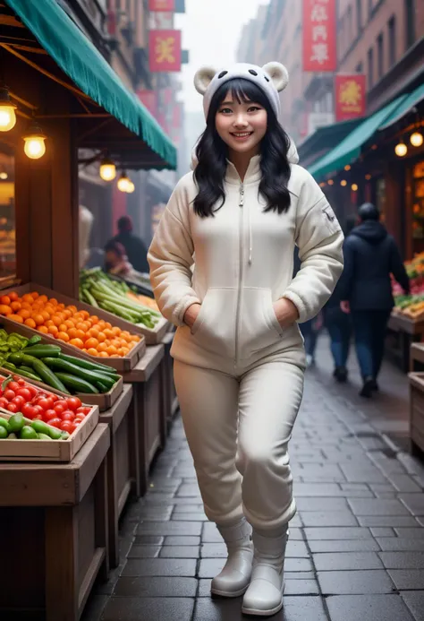(medium full shot) of (esthetic young woman:1.1), chinese with straight black hair, dark eyes, fair skin, petite, wearing White polar bear costume, polar bear ear headband, polar bear paw mittens, white leggings, white boots, laughing, arms crossed, .set in Market Street, Lively market scene with stalls overflowing with fresh produce, vendors calling out their prices, shoppers haggling over goods, the aroma of spices and cooking food wafting through the air colorful banners fluttering overhead , at sunset. Masterpiece,best quality, photorealistic, amazing quality, very aesthetic, extremely detailed face,