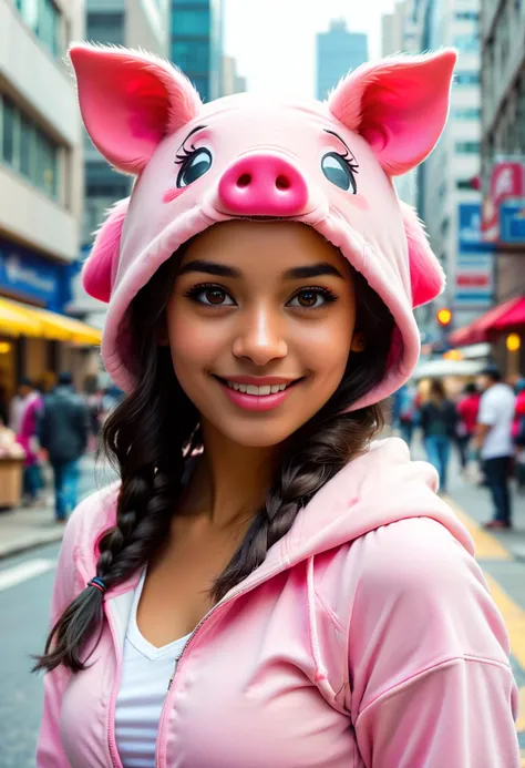(medium full shot) of (lovely young woman:1.1), indian with dark hair in a braid, brown eyes, darker skin tone, curvy, wearing Pink pig costume with curly tail, pig head hood, pink leggings, pink slippers, smiling at the viewer, .set in City Street, Bustling thoroughfare lined with shops, pedestrians hurrying past, street vendors selling colorful wares, cars honking in traffic tall buildings looming overhead . ,Masterpiece,best quality, photorealistic, amazing quality, very aesthetic, extremely detailed face,