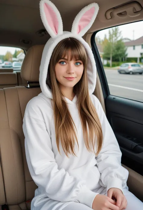 (medium full shot) of (sexy young woman), swedish, blue eyes, fair skin, fair skin, olive green eyes, busty build, extra long brown curtain bangs hair, wearing White rabbit costume, rabbit head hood, rabbit tail, white leggings, white slippers, set in Family Car, Rearview mirror adorned with hanging trinkets, child's car seat in the back, colorful toys strewn across the seats, a half-empty juice box in the cup holder smudged fingerprints on the windows , smiling at the viewer, Masterpiece,best quality, photorealistic, amazing quality, very aesthetic, extremely detailed face,