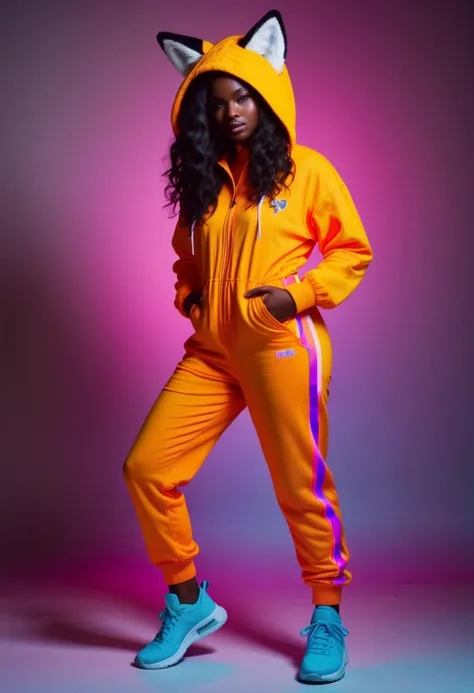 ( popart painting with bold colors and gradients in neon light by Andre Petrov) of a young woman, south african with tightly coiled hair, dark eyes, dark skin, curvy, wearing Orange fox jumpsuit with bushy tail, fox head hood, orange leggings, orange sneakers, award winning, very aesthetic