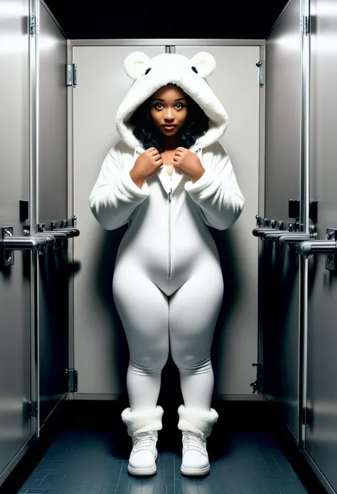 (medium full shot) of (vivacious young woman:1.1), south african with tightly coiled hair, dark eyes, dark skin, curvy, wearing White polar bear costume with fuzzy hood, polar bear paw mittens, white leggings, white boots, scared at the viewer, pointing her finger at the viewer, .set in public Toilet, Functional, no-frills space with vinyl flooring, partitioned stalls with stainless steel doors, large industrial-grade hand dryers, wall-mounted soap dispensers, central waste bin , at night. ,Masterpiece,best quality, photorealistic, amazing quality, very aesthetic, extremely detailed face,