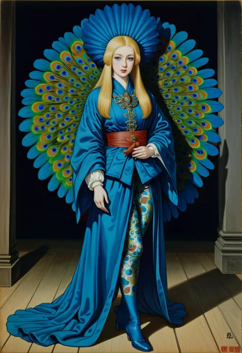 (horror painting by Utagawa Kuniyoshi) of a young woman, russian with blonde hair, blue eyes, fair skin, tall,, wearing Blue peacock costume with tail feathers, peacock head hood, blue leggings, blue slippers, award winning, very aesthetic
