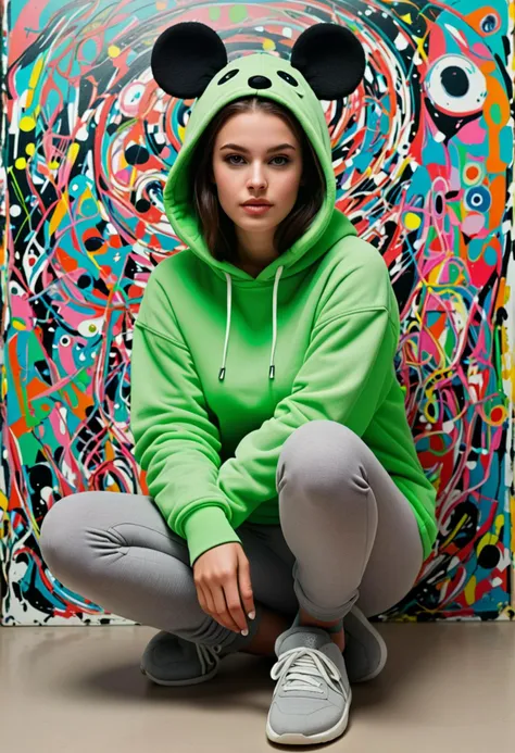 (neon art painting by Jackson Pollock) of a young woman, arabian with black doughnut hair bun, green eyes, tan skin, curvy, wearing Gray koala costume, koala head hood, gray leggings, gray slippers, award winning, very aesthetic