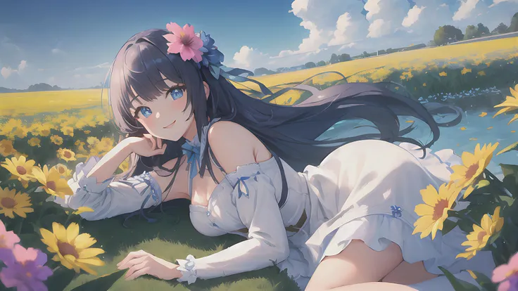 masterpiece, best quality,1girl, perfect eyes,solo, detailed beautiful face,extreamly cute, beautiful eyes, Best Shadows, smile, cinematic composition,depth of field, solo focus, warm lighting, top view, looking at viewer, flower, outdoor, sunlight, from side, blue sky, cloud, flower field