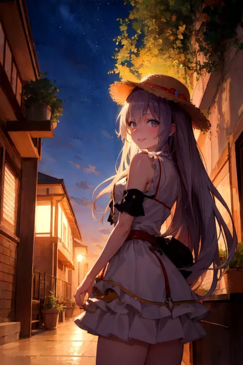 (anime, tone mapped:1.2),(exceptional, best aesthetic, best quality, masterpiece, newest, extremely detailed:1.2), 4k, 8k,extremely intricate detailed, perfect body proportion, perfect anatomy, (((cinematic lighting))), vivid color, high contrast, (((strong saturated color))),  BREAK
scenery, night sky, sunset, clouds, cloudy, coconut tree, foliage, potted plants, treehouse on right, balcony BREAK
1girl, upper body, 19 years-old, skinny, (((looking at right))), side angle view, active pose, kawaii cute anime  face, ((happy face)), long hair, sleeveless summer dress,  wearing straw hat, (((eye contact to viewer)))