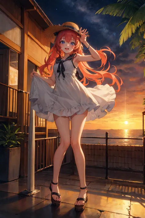 (anime, tone mapped:1.2),(exceptional, best aesthetic, best quality, masterpiece, newest, extremely detailed:1.2), 4k, 8k,extremely intricate detailed, perfect body proportion, perfect anatomy, (((cinematic lighting))), vivid color, high contrast, (((strong saturated color))),  BREAK
1girl, 19 years-old, skinny, kawaii cute anime  face, happy face, opened mouth, ((active pose)), long hair, shiny hairs, white summer dress, sleeveless, straw hat, (((parted feet))), sandals, looking at viewer, (((perfect hands))) BREAK
night sky, colorful sunset, clouds, cloudy, coconut tree, foliage, potted plants, (((treehouse))), balcony,