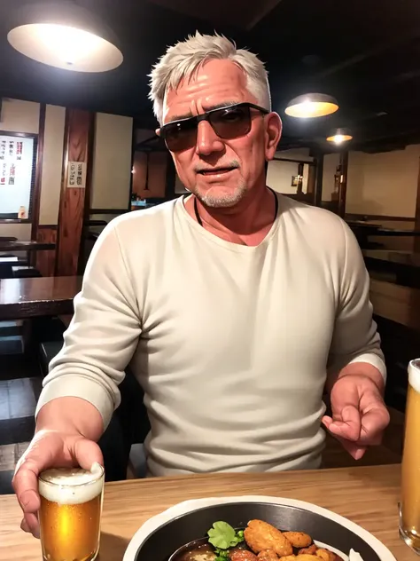 masterpiece, best quality, ultra-detailed, illustration,
murayakuba, izakaya, indoors, lamp, ceiling light, wooden floor, poster (object),
multiple boys, (older man), silver hair , short cut, (mascular male:1.5), (sunglasses), cowboy hat, laughing, beer mug, beer, salad, food,karaage,
<lora:Murayakuba:1>