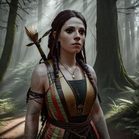 Professional photo of Freya, front view, ((looking at the camera)), (posing:1.1), ((wearing exotic clothing)), in the woods, (godrays:1), 4k, UHD, (volumetric lighting:1), (RAW photo:1.2), <lora:Freya_GodofWar:1>