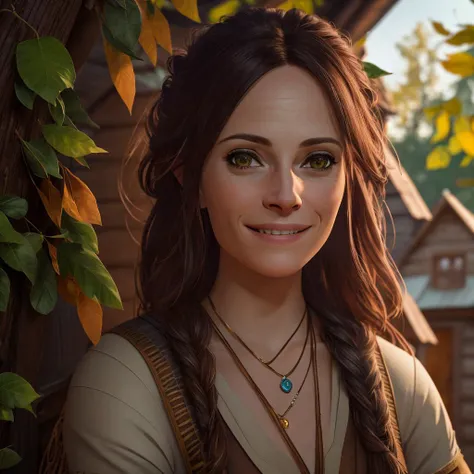 Professional photo of Freya, front view, ((smiling at the camera)), ((inside a wooden house with leaves)), (godrays:1), 4k, UHD, (volumetric lighting:1), (RAW photo:1.2), ((masterpiece, best quality)), <lora:Freya_GodofWar:1>