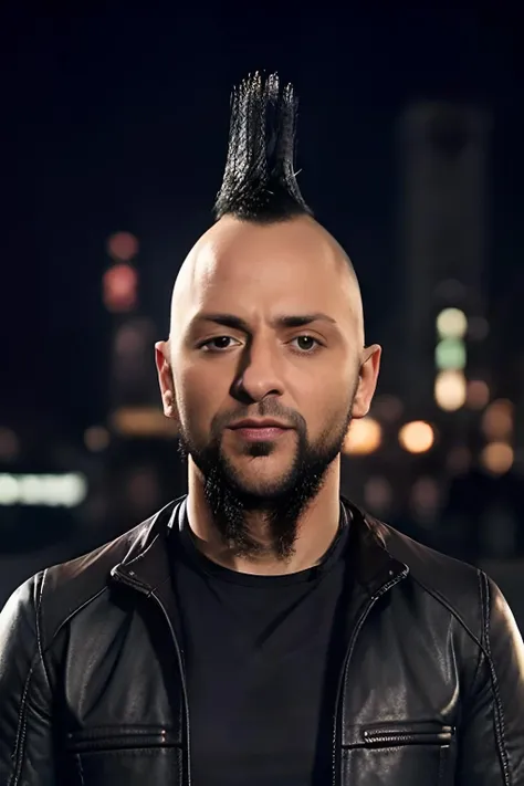 photo of a (haykocepkin:1), photorealistic, man, cinematic, upper body, wearing leather jacket, mohawk beard, cyberpunk city street, at night, soft lighting, <lora:haykocepkin(Epoch10CivitAI):0.7>