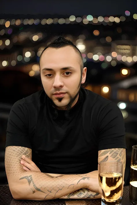 photo of haykocepkin, man, (masterpiece, best quality:1.2), <lora:Hayko-Cepkin:1.1>, solo, black hair, jewelry, at a high-end rooftop bar, stunning city of istanbul, skyline at night