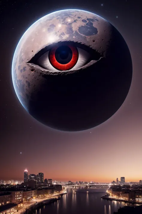 <lora:eye3-000002:0.7>,realistic,no human,strange planet with red eyes in the night sky,city,beautiful scenery,