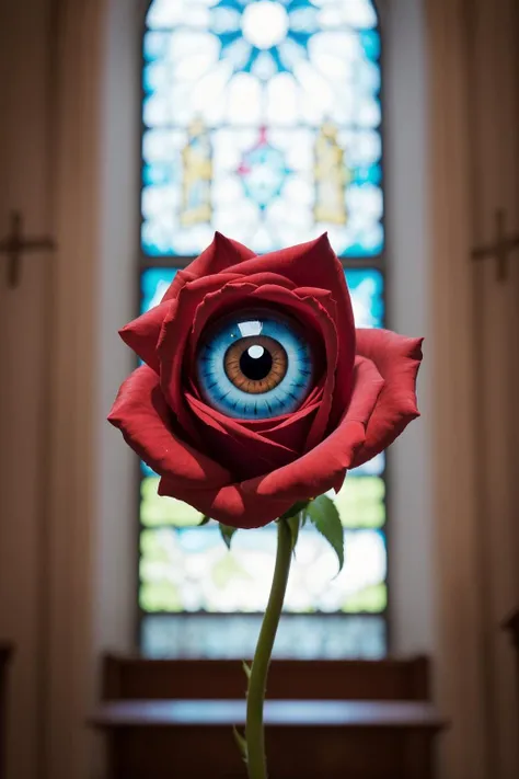 <lora:eye3-000002:0.6>,realistic,no human,rose in hand with blue ceyes ,indoors,church