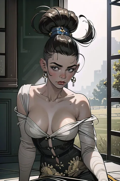 (masterpiece, best_quality, ultra-detailed, immaculate:1.3), epic, illustration, welcoming, 1girl, driver, vivid brown hair, Undercut,antenna hair, (full body:1), [:revealing costume design:0.2], , in a classical, wistful video game, at aTudor  party, bombshell hair, platinum hair, Shag Cut, all fours<lora:EnvyDuality01:1>