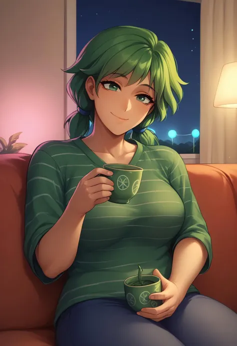 score_9, score_8_up, 1girl, <lora:NSCarolineStardew:1> NSCarolineStardew, Green hair, green eyes, low twintails, short hair, mature, at home, relaxing on sofa, drinking tea, wearing casual clothes, cute smile, bright lights, living Room background, night, detailed Room background, Hd quality, vibrant colors,