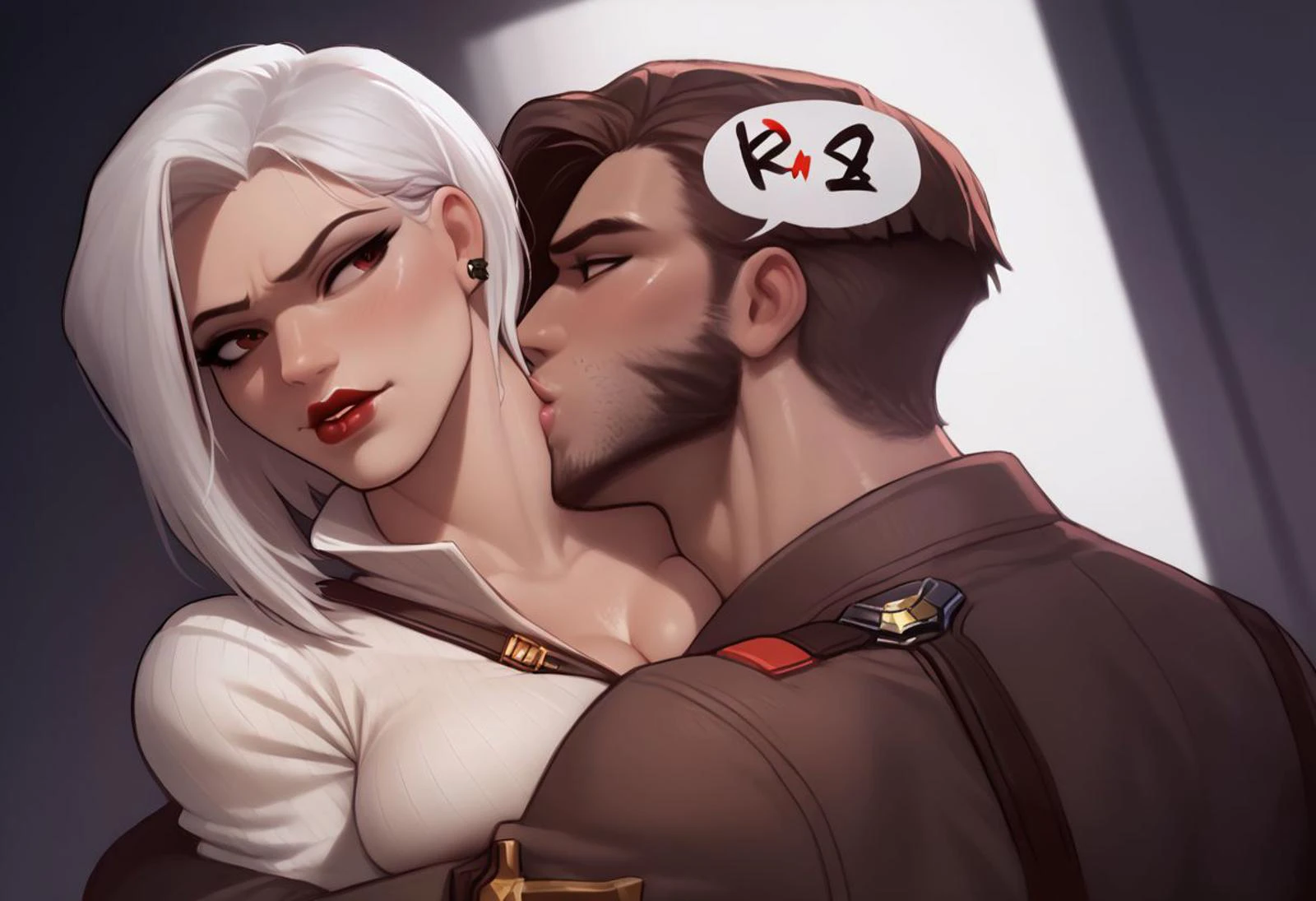 8k resolution, core_9, score_8_up, score_7_up, large angle, wide angle, photorealism, photorealistic, shiny skin: 0.5, ruanyi0481,
BREAK
AsheOW and CassidyOW, Two different characters, different body's, different hair style, different clothes, different eyes, different face's, different outfits, different belt's, different pants, different shirts, different color hair, different persons,
BREAK
Action description:(Ashe pushing Cassidy away), Hug lock, kiss, detailed eyes,
BREAK
FIRST CHARACTER (FEMALE):(Ashe(Overwatch) description: dark-red eyes, makeup, lipstick, tattoo, women, girl, white sweater, black jeans, ick face, big chest, big boobs, big breasts, big booty, big ass, white hair, outraged face, ICK EYES,),
BREAK
SECOND CHARACTER (MALE):(Cassidy(Overwatch) description: Beard, Stubble, man, boy, brown hair, brown eyes, kissing cheek, brown sweater, blue jeens, wide waist, large belt buckle that spells "BAMF", wide body, big body, big muscles, wide legs,),
<pony:Ashe:1>,<pony:Cassidy:1>