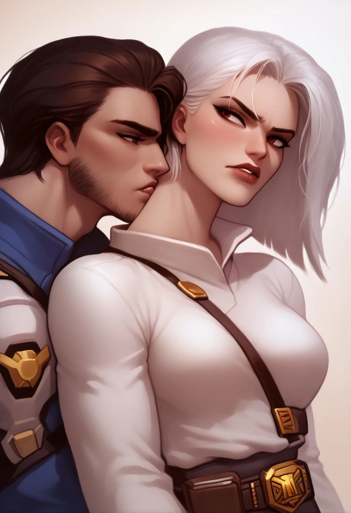 8k resolution, core_9, score_8_up, score_7_up, large angle, wide angle, photorealism, photorealistic, shiny skin: 0.5, ruanyi0481,
BREAK AsheOW and CassidyOW, Two different characters, different body's, different hair style, different clothes, different eyes, different face's, different outfits, different belt's, different pants, different shirts, different color hair, different persons,
BREAK Action description:(Ashe pushing Cassidy away), Hug lock, kiss, detailed eyes,
BREAK FIRST CHARACTER (FEMALE):(Ashe(Overwatch) description: dark-red eyes, makeup, lipstick, tattoo, women, girl, white sweater, black jeans, ick face, big chest, big boobs, big breasts, big booty, big ass, white hair, outraged face, ICK EYES,),
BREAK SECOND CHARACTER (MALE):(Cassidy(Overwatch) description: Beard, Stubble, man, boy, brown hair , brown eyes, kissing cheek , brown sweater, blue jeens, wide waist, large belt buckle that spells "BAMF", wide body, big body, big muscles, wide legs,),
<pony:Ashe:1>,<pony:Cassidy:1>