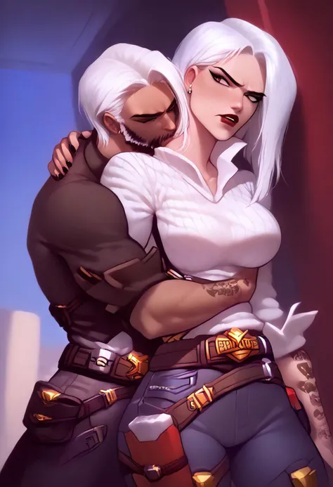 8k resolution, core_9, score_8_up, score_7_up, large angle, wide angle, photorealism, photorealistic, shiny skin: 0.5, ruanyi0481,
BREAK AsheOW and CassidyOW, Two different characters, different body's, different hair style, different clothes, different eyes, different face's, different outfits, different belt's, different pants, different shirts, different color hair, different persons,
BREAK Action description:(Ashe pushing Cassidy away), Hug lock,
BREAK (FEMALE):(Ashe(Overwatch) description: dark-red eyes, makeup, lipstick, tattoo, women, girl, white sweater, black jeans, ick face, big chest, big boobs, big breasts, big booty, big ass, white hair, outraged face, ICK EYES,),
BREAK (MALE):(Cassidy(Overwatch) description: Beard, Stubble, man, boy, brown hair, brown eyes, kissing cheek, brown sweater, blue jeens, wide waist, large belt buckle that spells "BAMF", wide body, big body, big muscles, wide legs,),
<pony:Ashe:1>,<pony:Cassidy:1>
