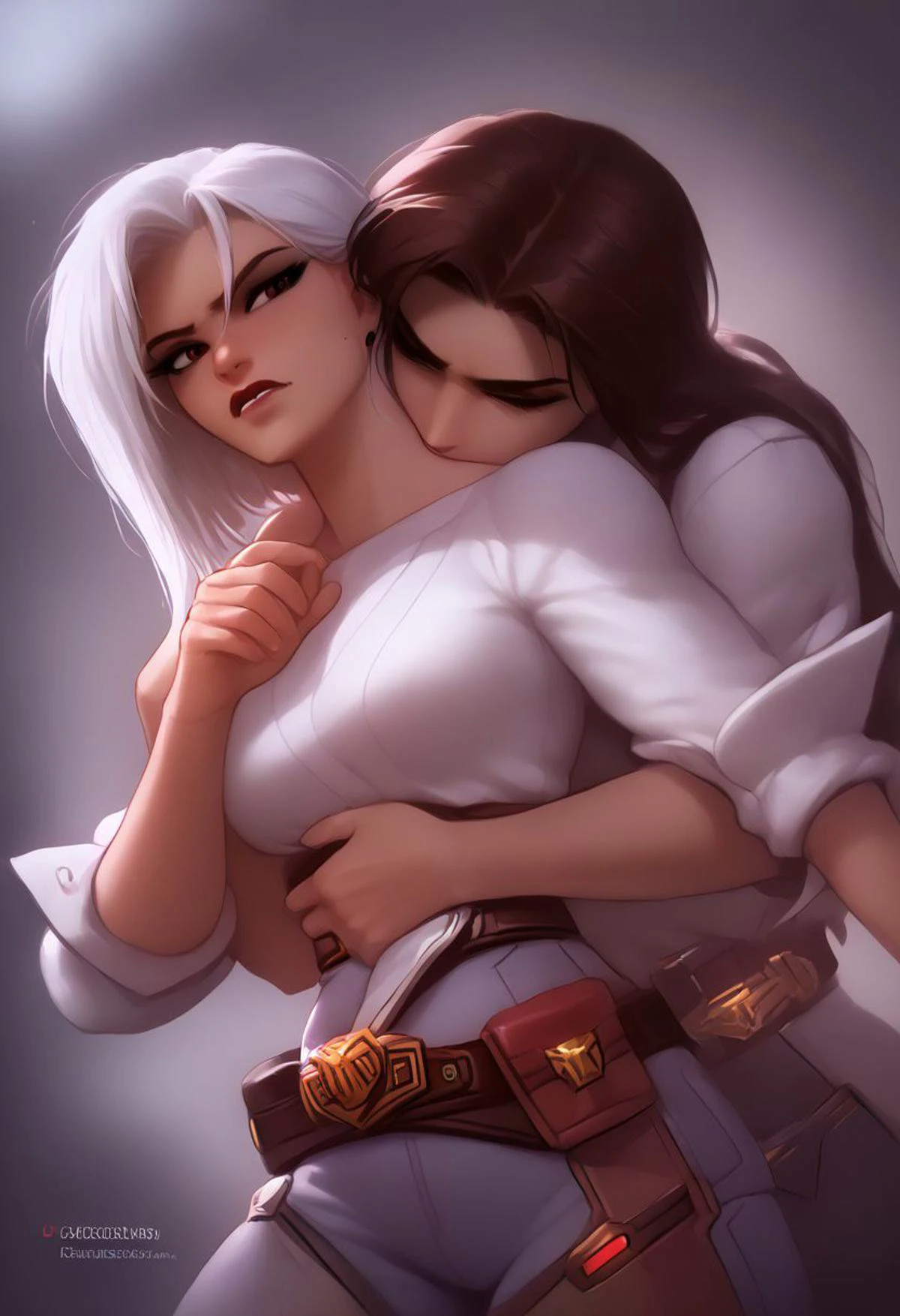 8k resolution, core_9, score_8_up, score_7_up, large angle, wide angle, photorealism, photorealistic, shiny skin: 0.5, ruanyi0481,
BREAK AsheOW and CassidyOW, Two different characters, different body's, different hair style, different clothes, different eyes, different face's, different outfits, different belt's, different pants, different shirts, different color hair, different persons,
BREAK Action description:(Ashe pushing Cassidy away), Hug lock, kiss, detailed eyes,
BREAK FIRST CHARACTER (FEMALE):(Ashe(Overwatch) description: dark-red eyes, makeup, lipstick, tattoo, women, girl, white sweater, black jeans, ick face, big chest, big boobs, big breasts, big booty, big ass, white hair, outraged face, ICK EYES,),
BREAK SECOND CHARACTER (MALE):(Cassidy(Overwatch) description: Beard, Stubble, man, boy, brown hair , brown eyes, kissing cheek , brown sweater, blue jeens, wide waist, large belt buckle that spells "BAMF", wide body, big body, big muscles, wide legs,),
<pony:Ashe:1>,<pony:Cassidy:1>
