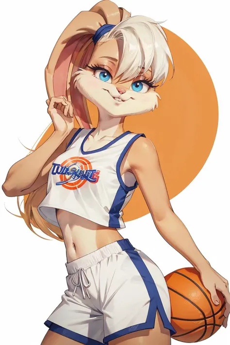 <lora:lola-v1:1>,lolabunny,furry female anthro,olduniform,basketball uniform,white shirt,white tank top,white shorts,logo on shirt,logo on tank top,midriff,