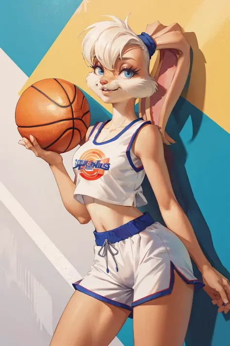 Lola bunny,bending over,(best quality,4k,8k,highres,masterpiece:1.2),ultra-detailed,(realistic,photorealistic,photo-realistic:1.37),beautiful detailed eyes,beautiful detailed lips,extremely detailed eyes and face,longeyelashes,toony style,fluffy fur,playful expression,athletic body,sporty outfit,curved silhouette,standing on a basketball court,looking over her shoulder,pink and white color palette,soft lighting