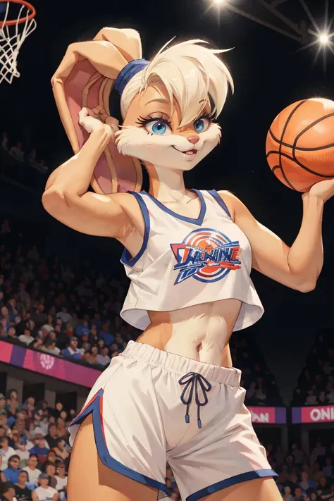 <lora:lola-v1:1>,lolabunny,furry female anthro,olduniform,basketball uniform,white shirt,white tank top,white shorts,logo on shirt,logo on tank top,midriff,basketball court,