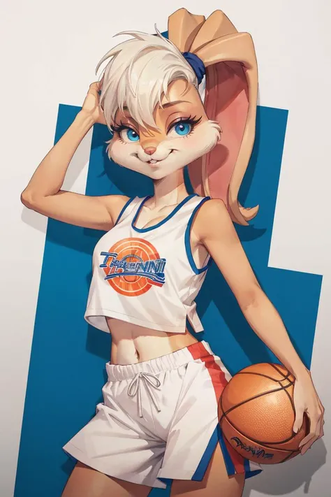 <lora:lola-v1:1>,lolabunny,furry female anthro,olduniform,basketball uniform,white shirt,white tank top,white shorts,logo on shirt,logo on tank top,midriff,
